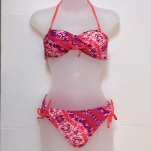 California Waves Hot Pink Tie Dye Size Medium Bandeau Top & Bottoms A62